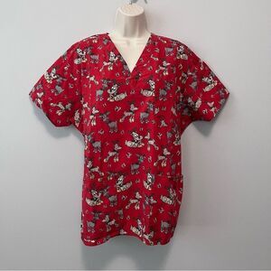 Comfy Cottons Red Christmas Holiday Scrub Top Size L
